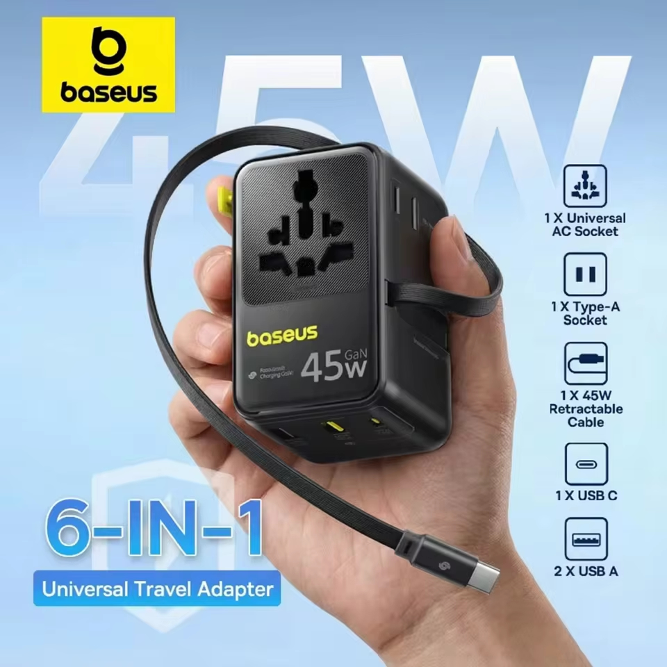 Baseus Universal Travel Adapter ในตัว 70W Retractable Cable 2AC + 2U + 2C Fast Charging UK/EU/USA/AU