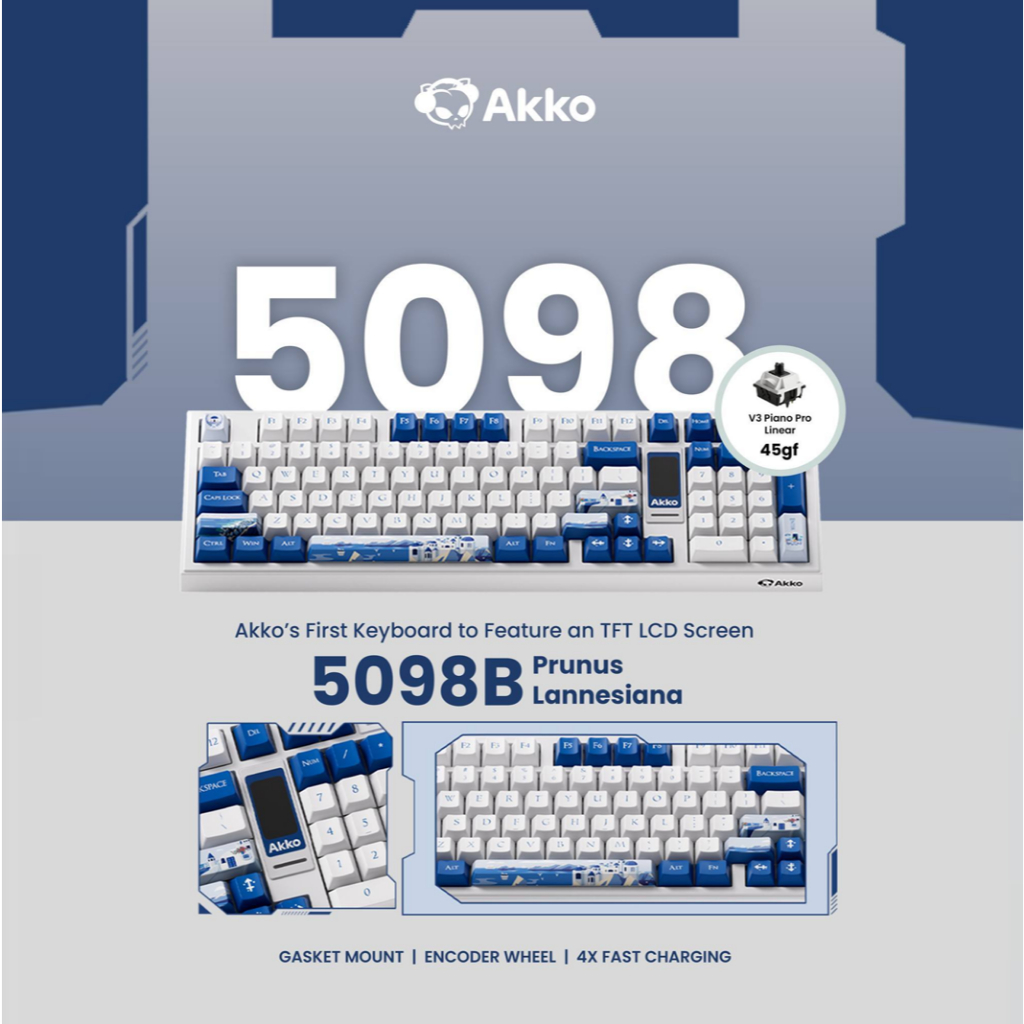 Akko White & Blue Santorini 5098B คีย์บอร์ดแบบกลไก Akko V3 Piano Pro Switches