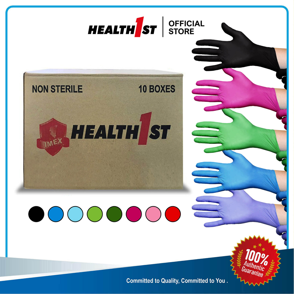 Health1st ถุงมือไนไตรล์หลายสี I ถุงมือไนไตรหลากสี 10 กล่อง x 100 ชิ้น I 3.5 กรัม 240 มม.