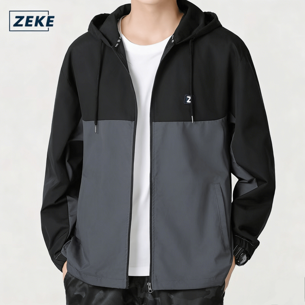 ZEKE C0047 เสื้อแจ็คเก็ตมีฮู้ดกันน้ําสําหรับผู้ชายปักโลโก้ Raglan Sleeve Tops Lelaki Lengan Panjang