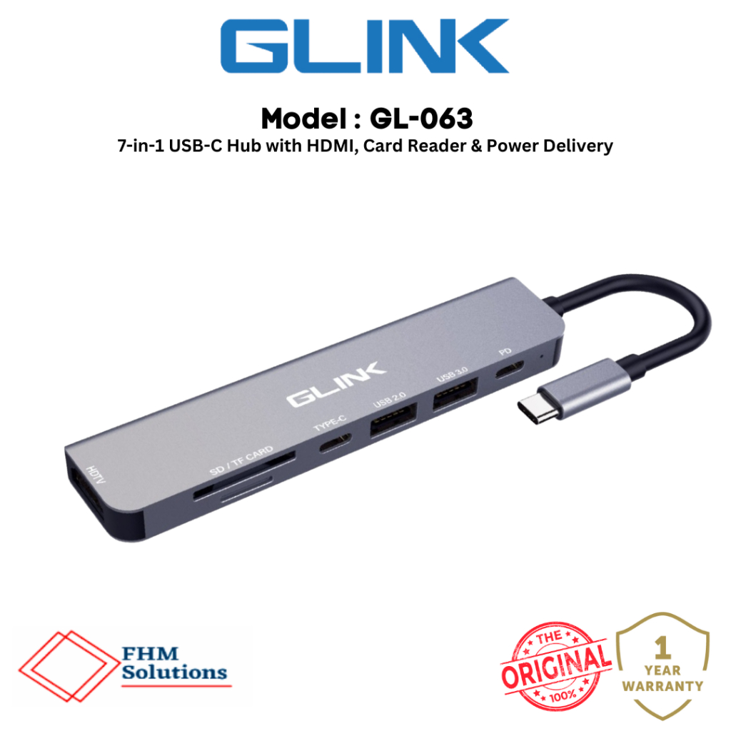 GLINK (GL-063) – ฮับ USB-C 7-in-1 พร้อม HDMI, Card Reader & 100W Power Delivery