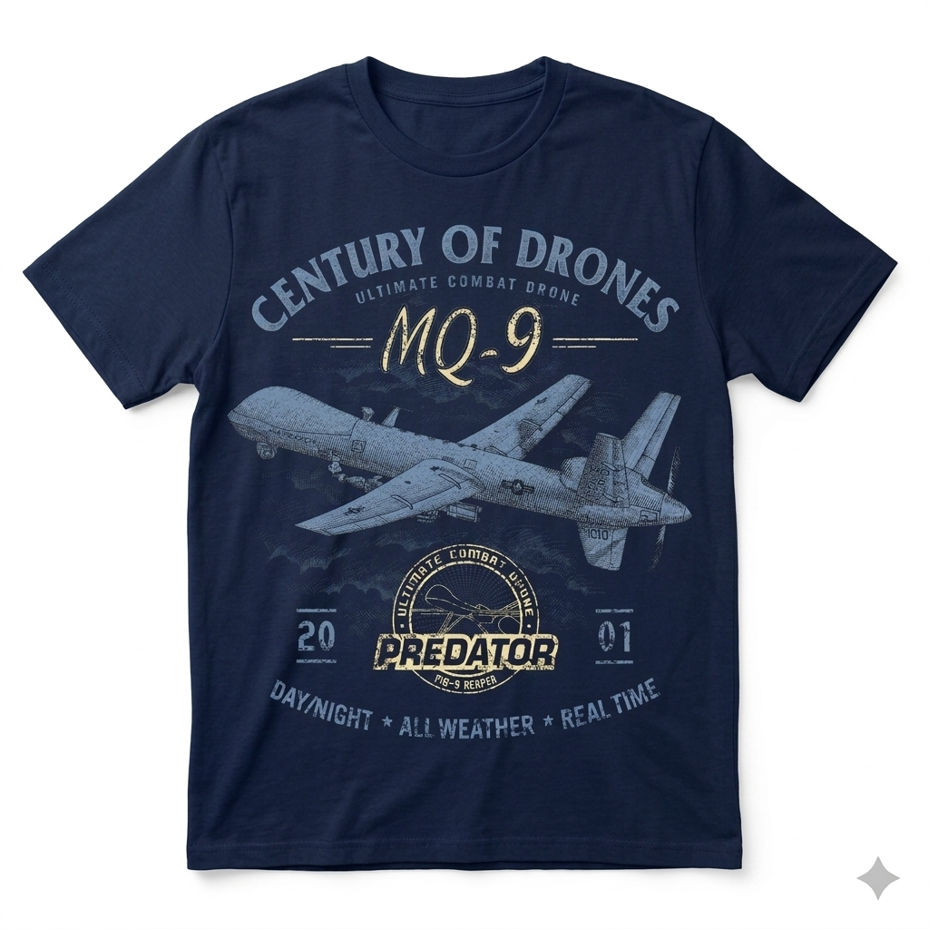 Drone MQ-9 REAPER เสื้อยืดผ้าฝ้ายทหาร