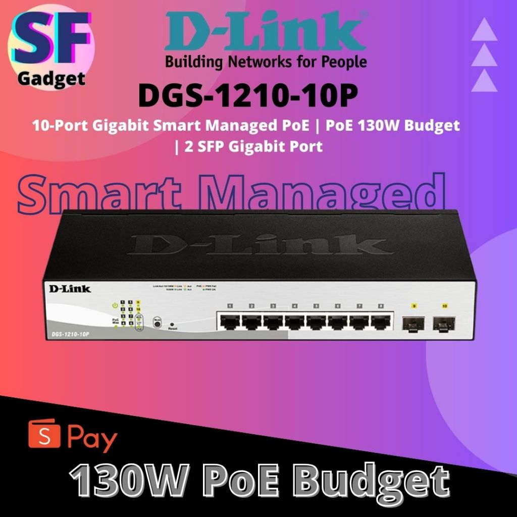 D-Link Smart Managed Gigabit Switch DGS-1210-10P | พอร์ต Gigabit 8 พอร์ต + พอร์ต SFP Gigabit 2 พอร์ต