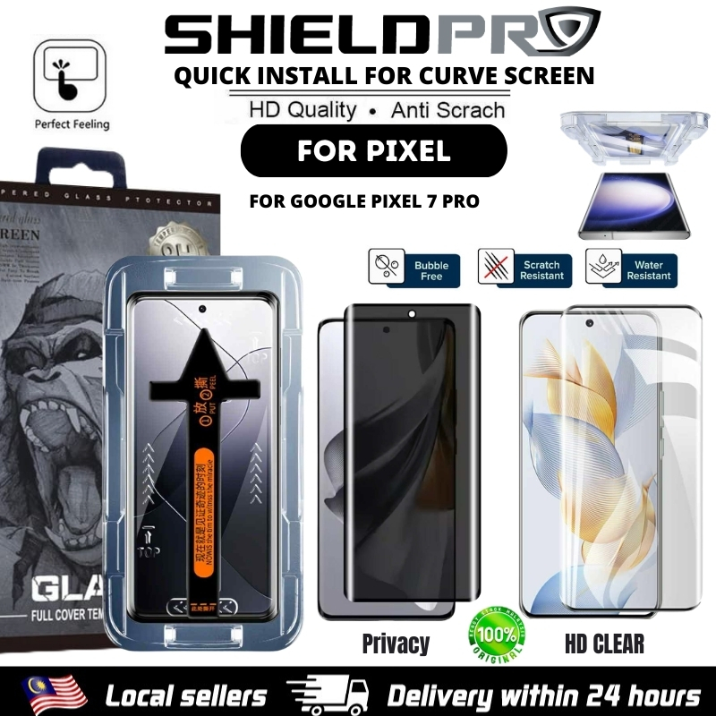 กระจกนิรภัยติดตั้ง QUICK สําหรับ google Pixel 7 PRO Privacy HD CLEAR Full Curve SCREEN PROTECTOR