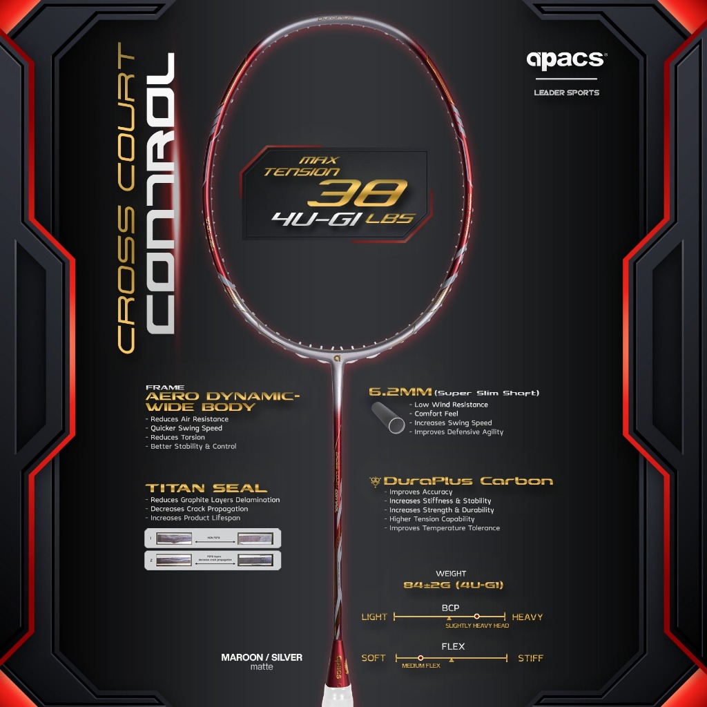 (ฟรี STRING+GRIP) APACS BADMINTON CKET CROSS COURT SERIES POWER/CONTROL/SPEED