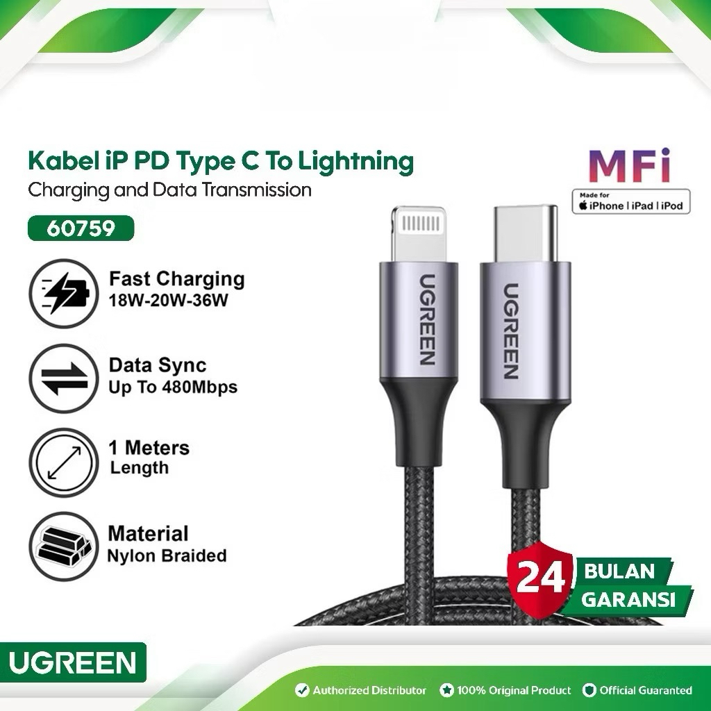 UGREEN สายเคเบิลข้อมูล Nylon Type C to Lightning 20W 3A MFI 60759