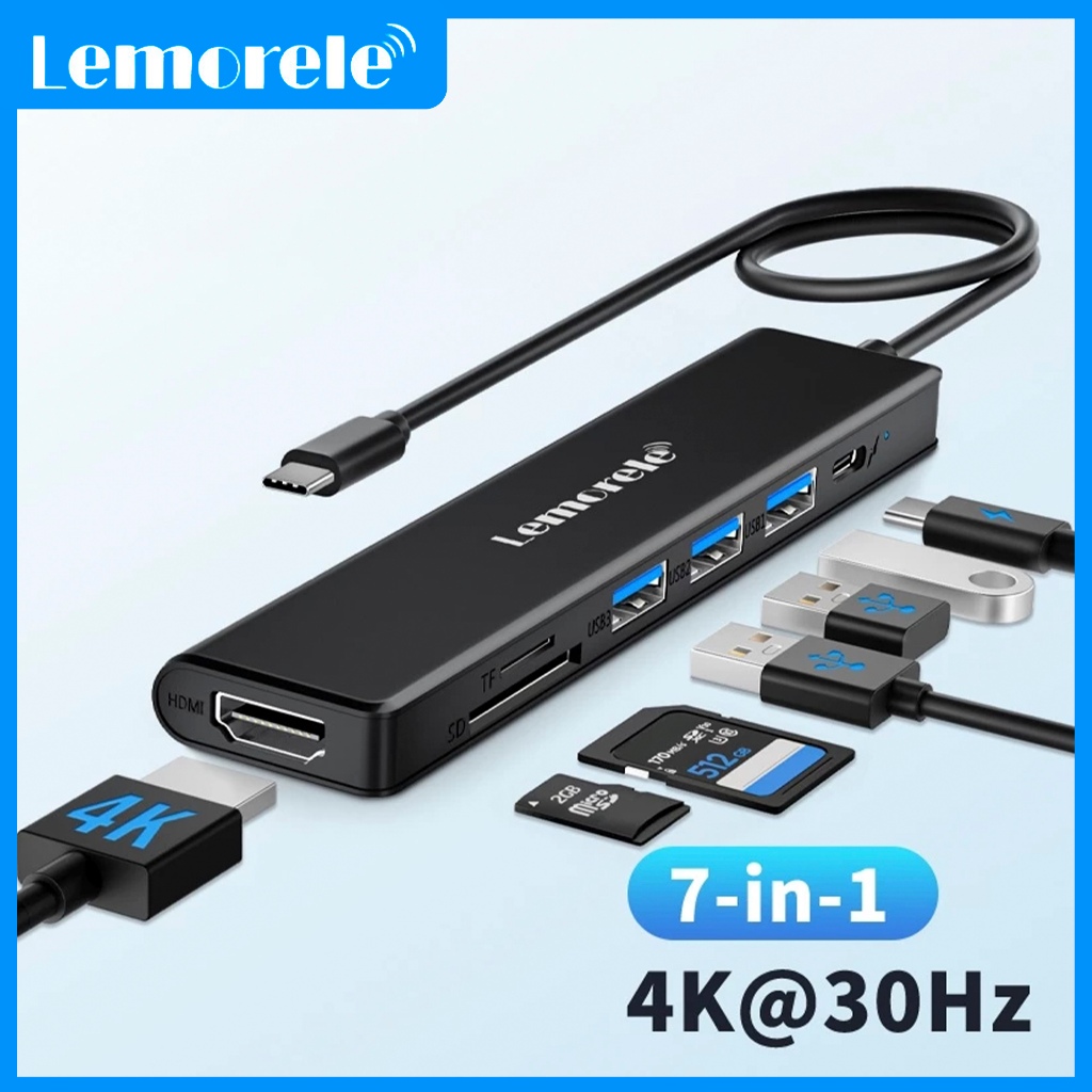Lemorele TC70 7 in 1 USB C Hub อลูมิเนียมหลายพอร์ตอะแดปเตอร์ 4K HDMI USB 3.0 USB 2.0 SD TF 100W PD ส