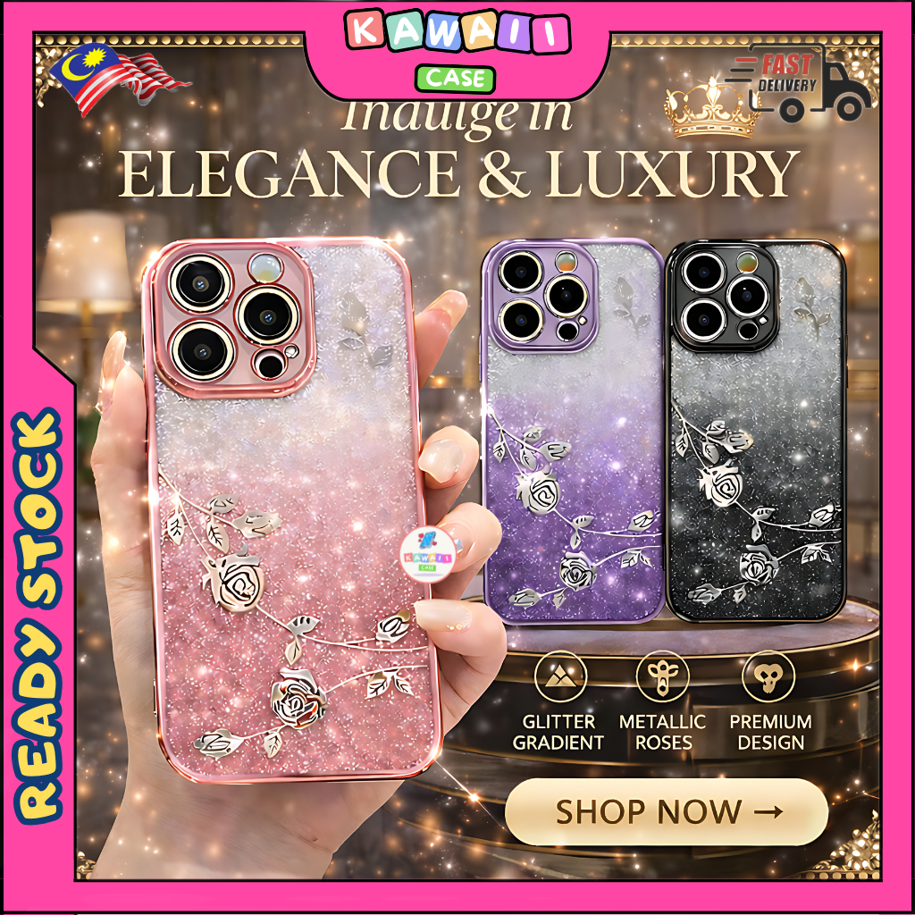 Realme 5 5i 5s 6i 14x C3 C12 C15 C35 C51 C53 C55 C63 C65 C67 C75 C75x fon sarung rose ดอกไม้ glitter