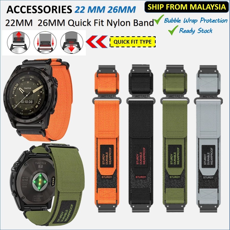 22 26 MM สายไนลอน - Quick Fit สําหรับ Garmin Fenix 3 5 6 7 8 Series S63 S70 Quatix Enduro Epix 2 Tax