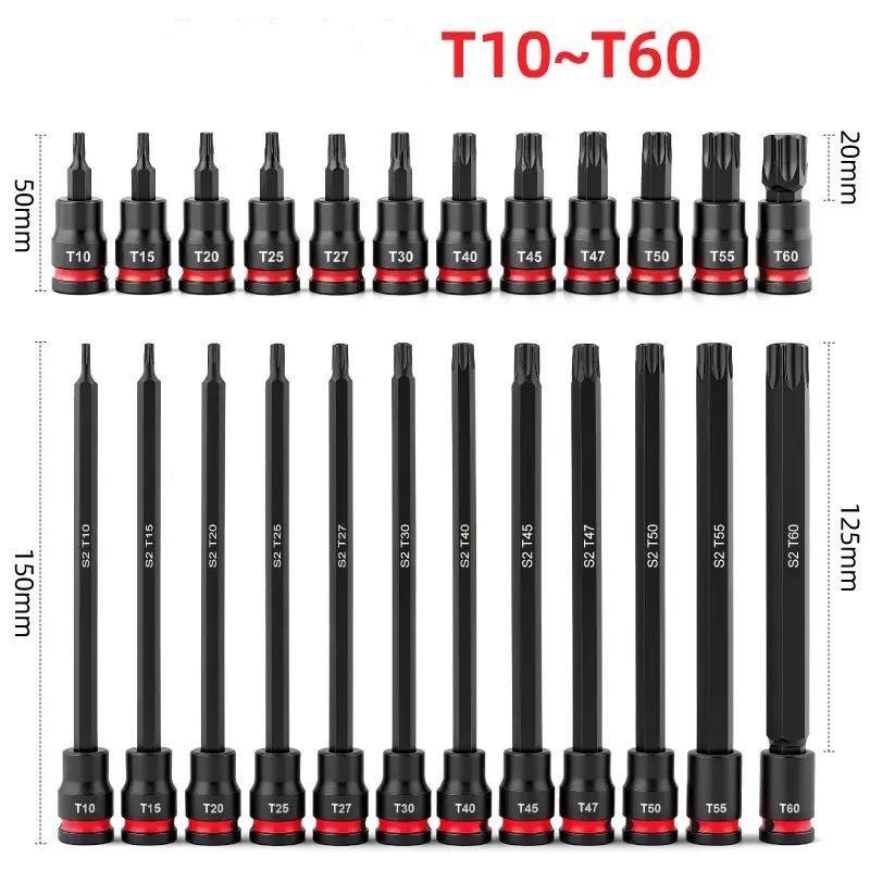 TORX BITS ชุดยาวสั้น TORX ซ็อกเก็ตกล่อง T10 T15 T20 T25 T27 T30 T40 T45 T47 T50 T55 T60 เครื่องมือพิ