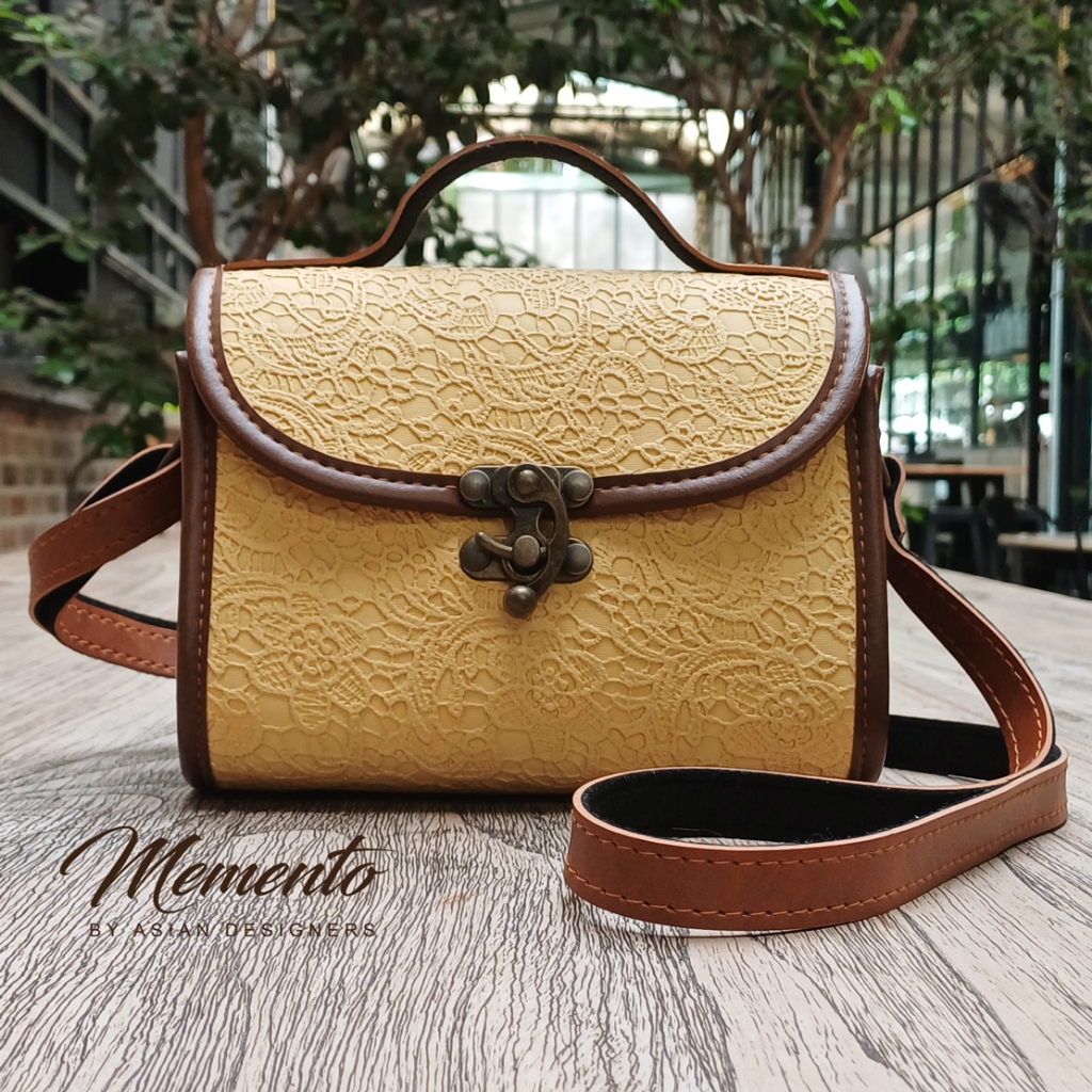 MEMENTO.ASIA Leather Vessel Bag Lace Lemon Yellow Women Handbag Shoulder Bag Retro Bag Beg Tangan Wa