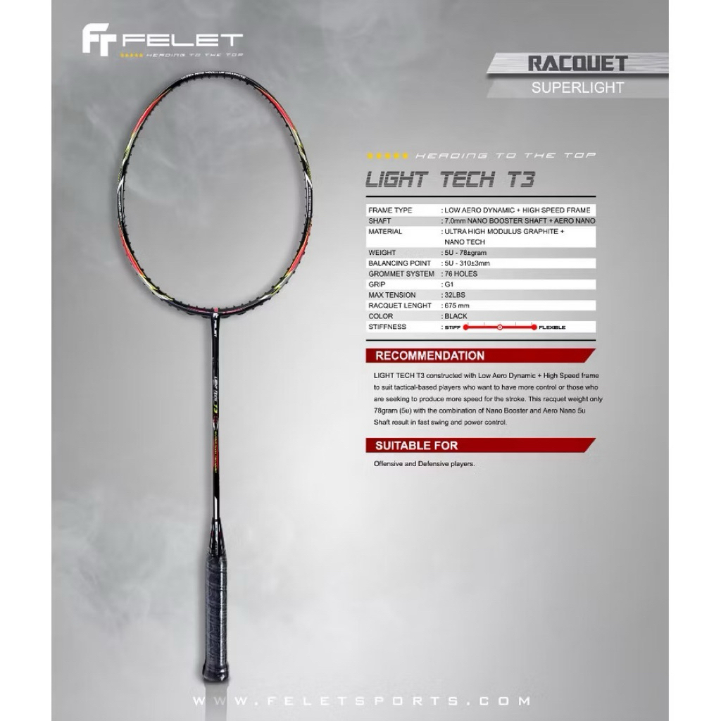 (ฟรีกริปและสตริง) Felet Light tech T3 Superlight Badminton 5U Racquet