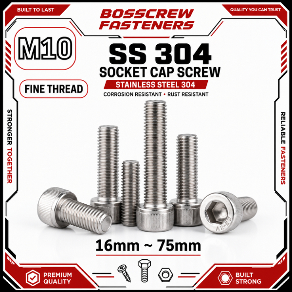 SS 304 สกรูหัวจม M10 x (16 มม. ~ 75 มม.) (1.25 มม.) (เกลียวละเอียด/Bang Halus)