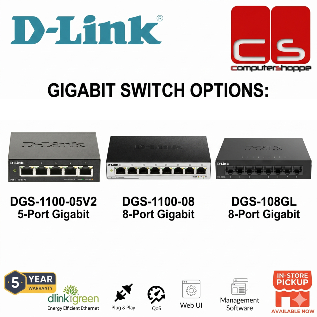 D-Link 5/8-Port Gigabit Metal Unmanaged Desktop Switch - DGS-1100-05V2 / DGS-1100-08 / DGS-108GL