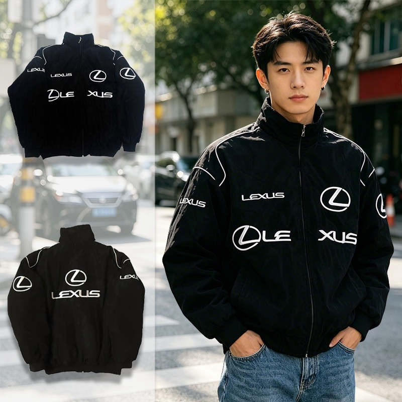 F1 Lexus Racing Jacket ผู้ชายเย็บปักถักร้อยสีดํา Varsity Jacket Motocycle Windbreaker Jacket ซิป