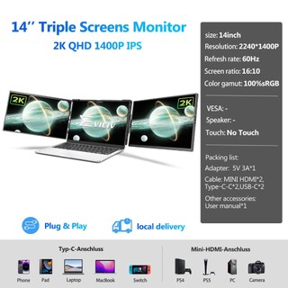 Triple Laptop Screen Expander 14inch 2K 1400P UHD IPS 16:10 HDMI/USB-C Plug-Play Portable Monitor for Wins/Mac/Android
