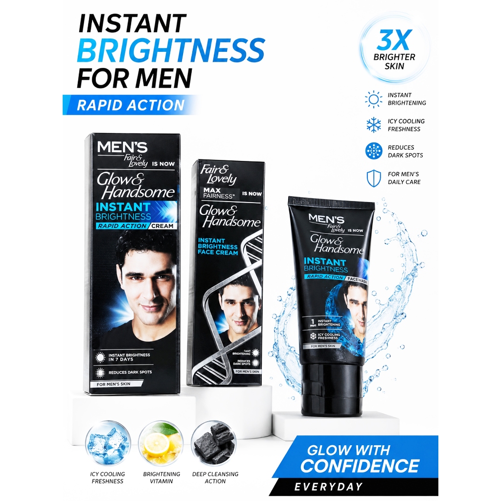 Glow & Handsome Instant Brightness Cream & Face Wash Set for Men 25g 50g 100g