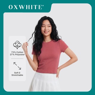Oxwhite Women Round Neck Short Sleeve Baby Ribbed Tee