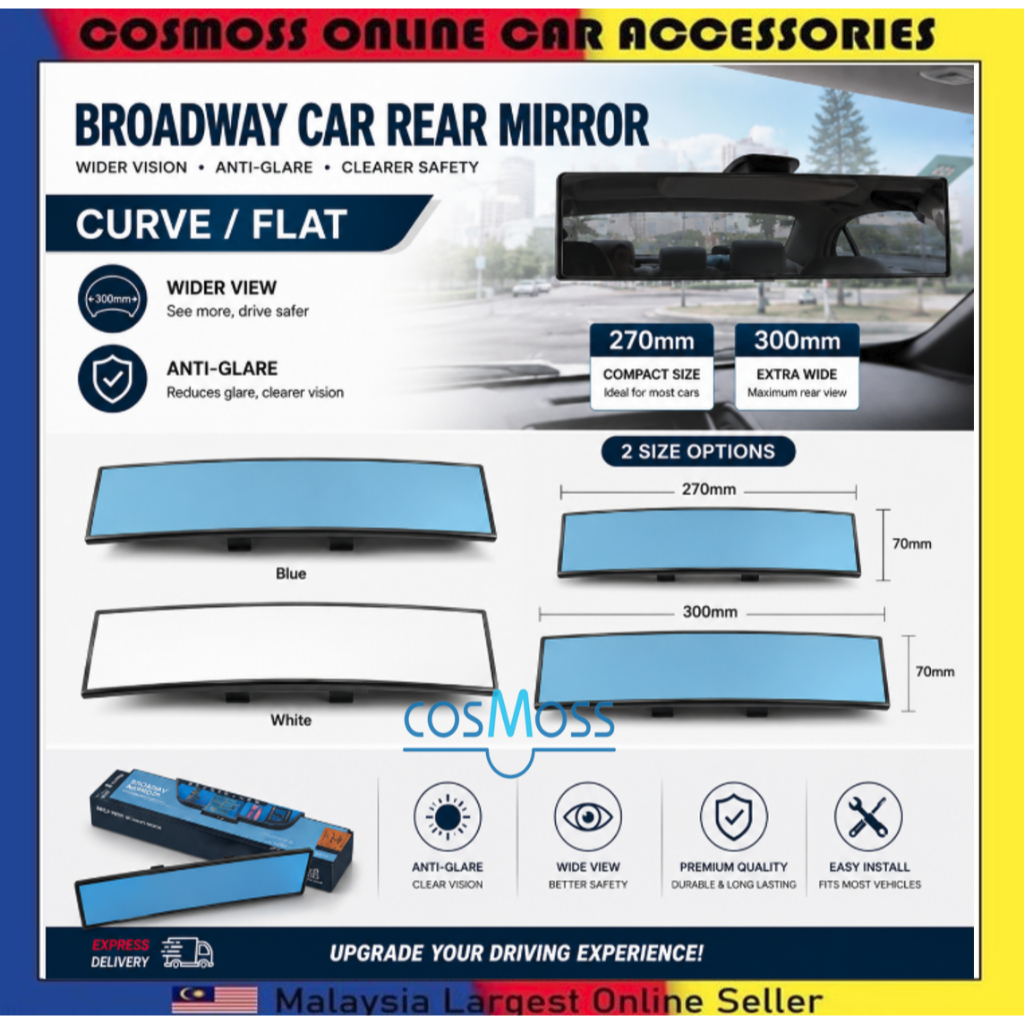 (300 มม.) NAPOLEX BW-147 BW-746 Broadway รถด้านหลัง BLUE FLAT/CONVEX กระจกสีฟ้า