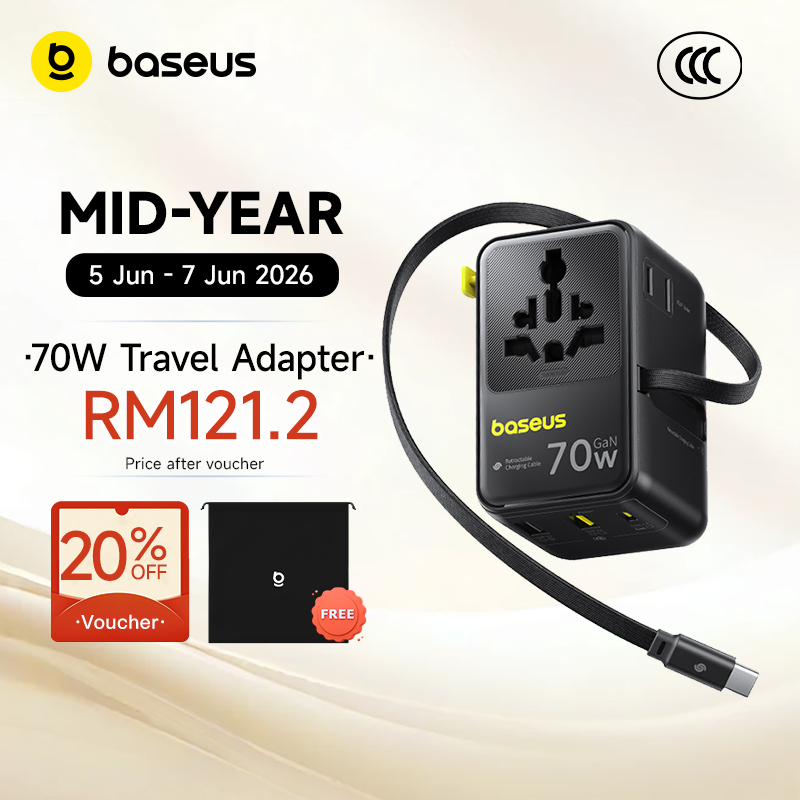 Baseus Universal Travel Adapter ในตัว 70W Retractable Cable 2AC + 2U + 2C Fast Charging UK/EU/USA/AU