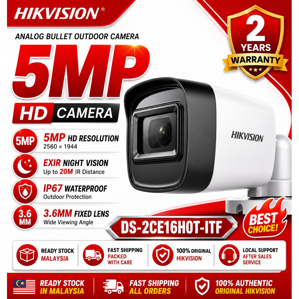 HIKVISION กล้องวงจรปิด 5MP DS-2CE16H0T-ITF 5MP Fixed Mini Bullet Camera (2.8MM)