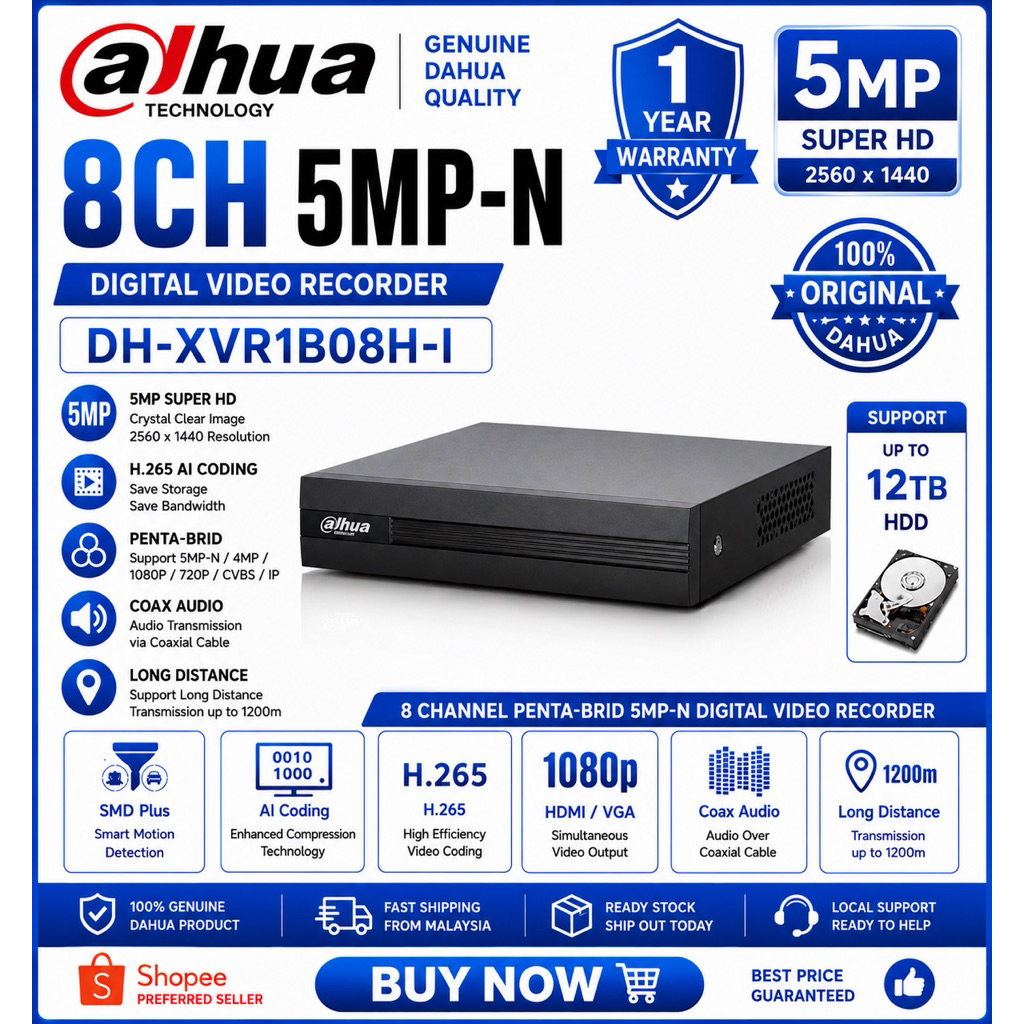 Dahua กล้องวงจรปิด DH-XVR1B08H-I DVR 8 ช่อง Penta-Brid 5M-N/1080P Cooper 1U 1HDD WizSense เครื่องบัน