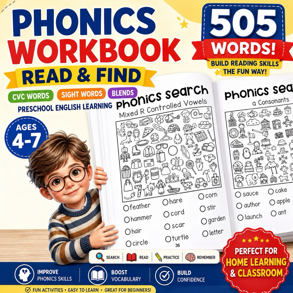 หนังสือแบบฝึกหัดการออกเสียงสําหรับเด็ก Read & Find Words CVC Sight Words ก่อนวัยเรียนภาษาอังกฤษสําหร