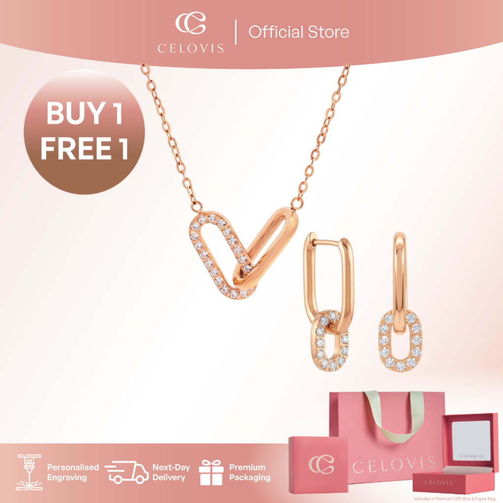 [ ซื้อ 1 ฟรี 1 + RM10 VOUCHER ] Celovis Adessa 5A เกรด Cubic Zirconia สร้อยคอและต่างหูชุด 2 ใน Rose 