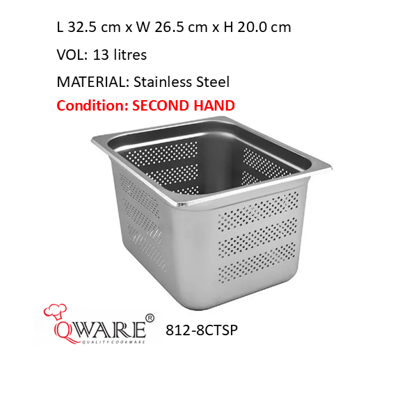 [SECOND HAND] Qware 1/2 Stainless Steel Gastronorm Pan (Perforated)-812-8CTSP-32.5 cm x 26.5 cm x 20