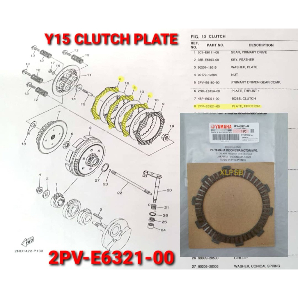 แผ่นคลัทช์yamaha Y15ZR/FZ150i Yamaha HongLeong 2PV-E6321-00 ผลิตในฟิลิปปินส์