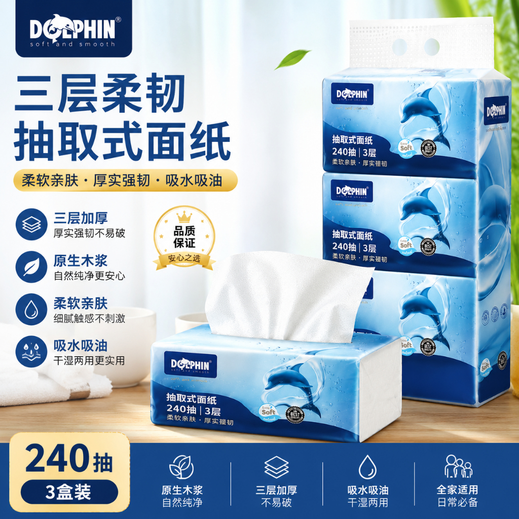 DOLPHIN 三层 ปั๊มน้ํามัน 3 ชั้น กระดาษเช็ดหน้า 240 แผ่น(240)DOL-FT240