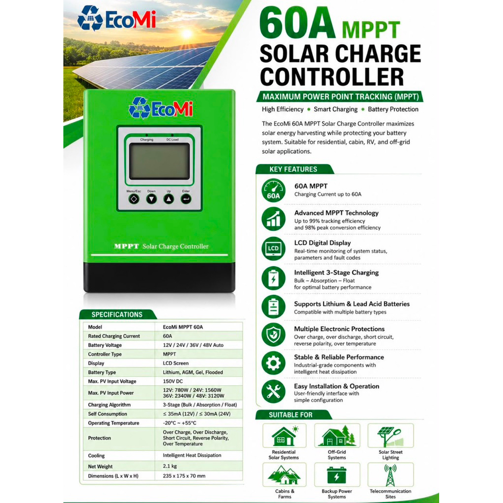 [EcoMi]MPPT คอนโทรลเลอร์ชาร์จพลังงานแสงอาทิตย์ 40A/60A/80A/100A