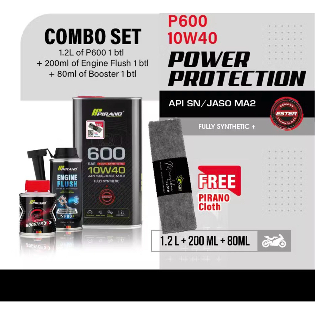 COMBO PIRANO P600 10W40 Ester 1.2L + G7 Booster + เครื่องยนต์ Flush สําหรับ Honda RS150R RSX150 PIRA