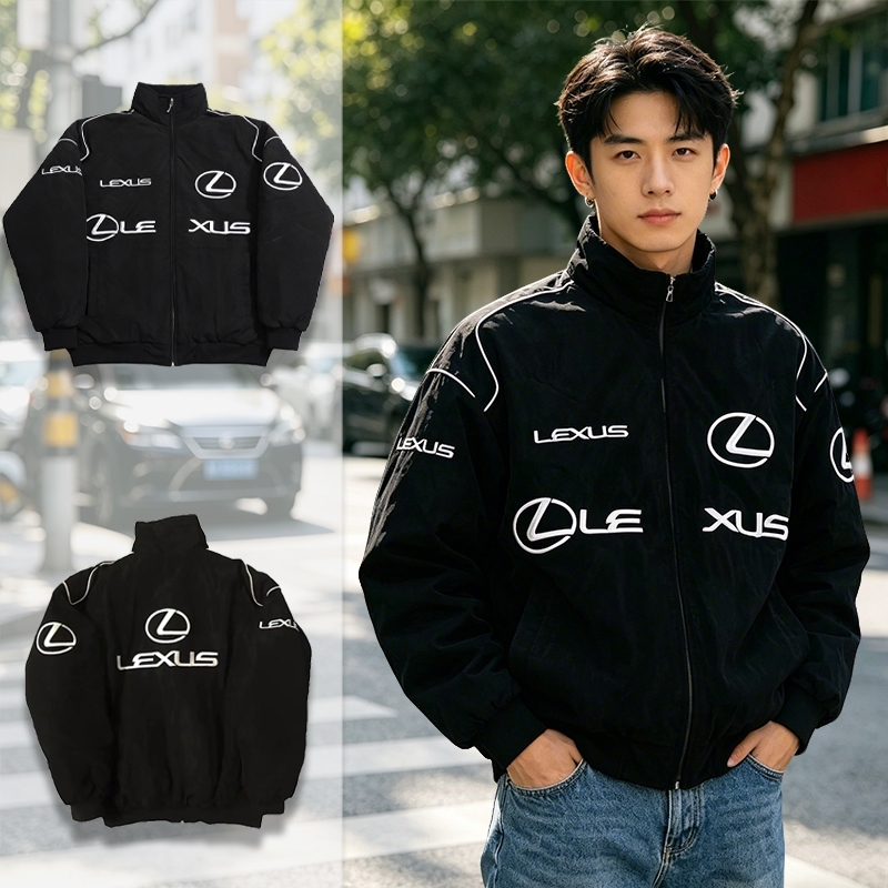 F1 Lexus Racing Jacket ผู้ชายเย็บปักถักร้อยสีดํา Varsity Jacket Motocycle Windbreaker Jacket ซิป