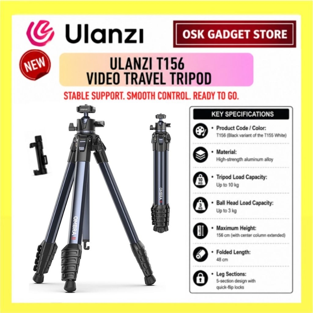 Ulanzi T156 Ombra II ขาตั้งกล้องสําหรับเดินทางพร้อมขาตั้งกล้อง Ulanzi หัวบอล