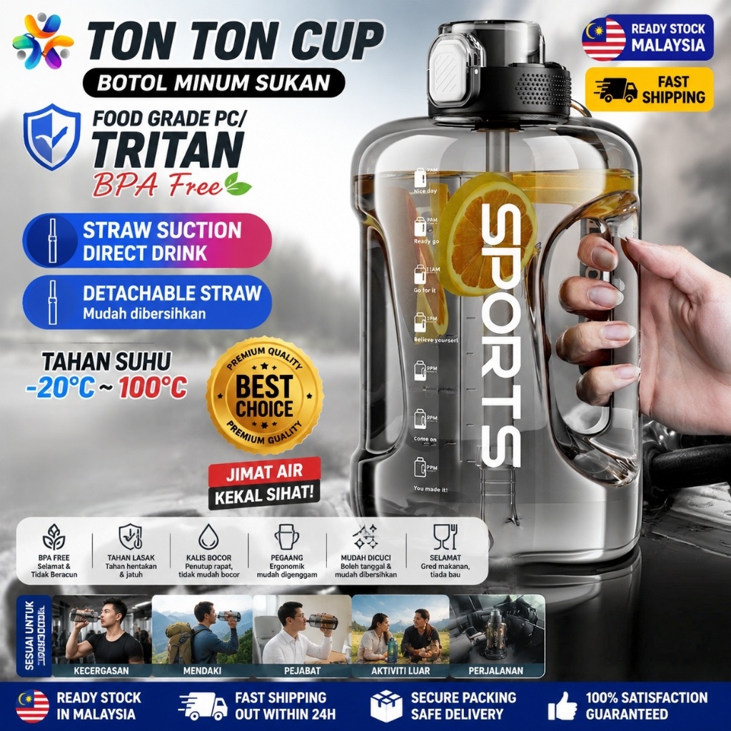 ขวดน้ํา Tritan ความจุขนาดใหญ่ 1.8L 2.8L พร้อมหลอด BPA Free Leakproof Sport Gym Bottle