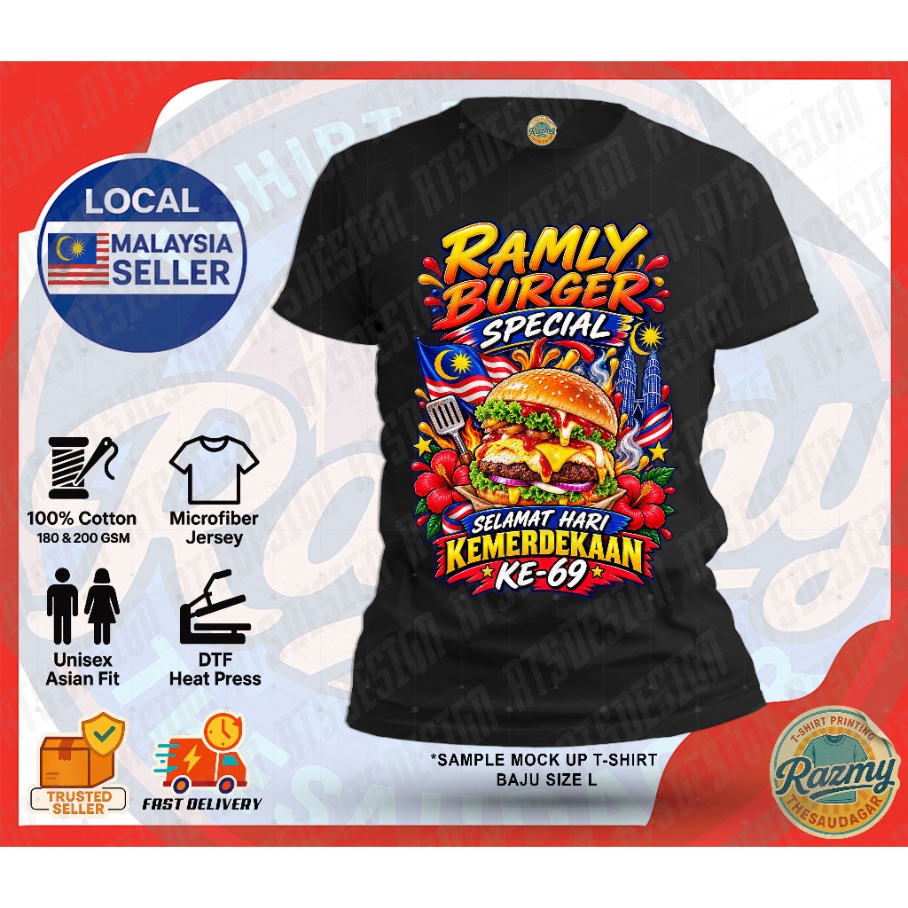 BAJU RAMLY BURGER พิเศษ MERDEKA KE 69 2026 รอบคอแขนสั้นเสื้อยืดผ้าฝ้าย MICROFIBER