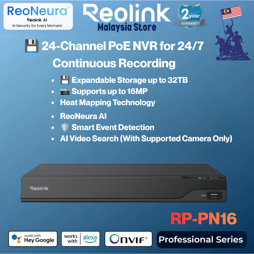 Reolink RP-PN16 24-Channel PoE NVR 16MP Ultra HD รองรับ ReoNeura AI ค้นหาวิดีโอ 32TB HDD