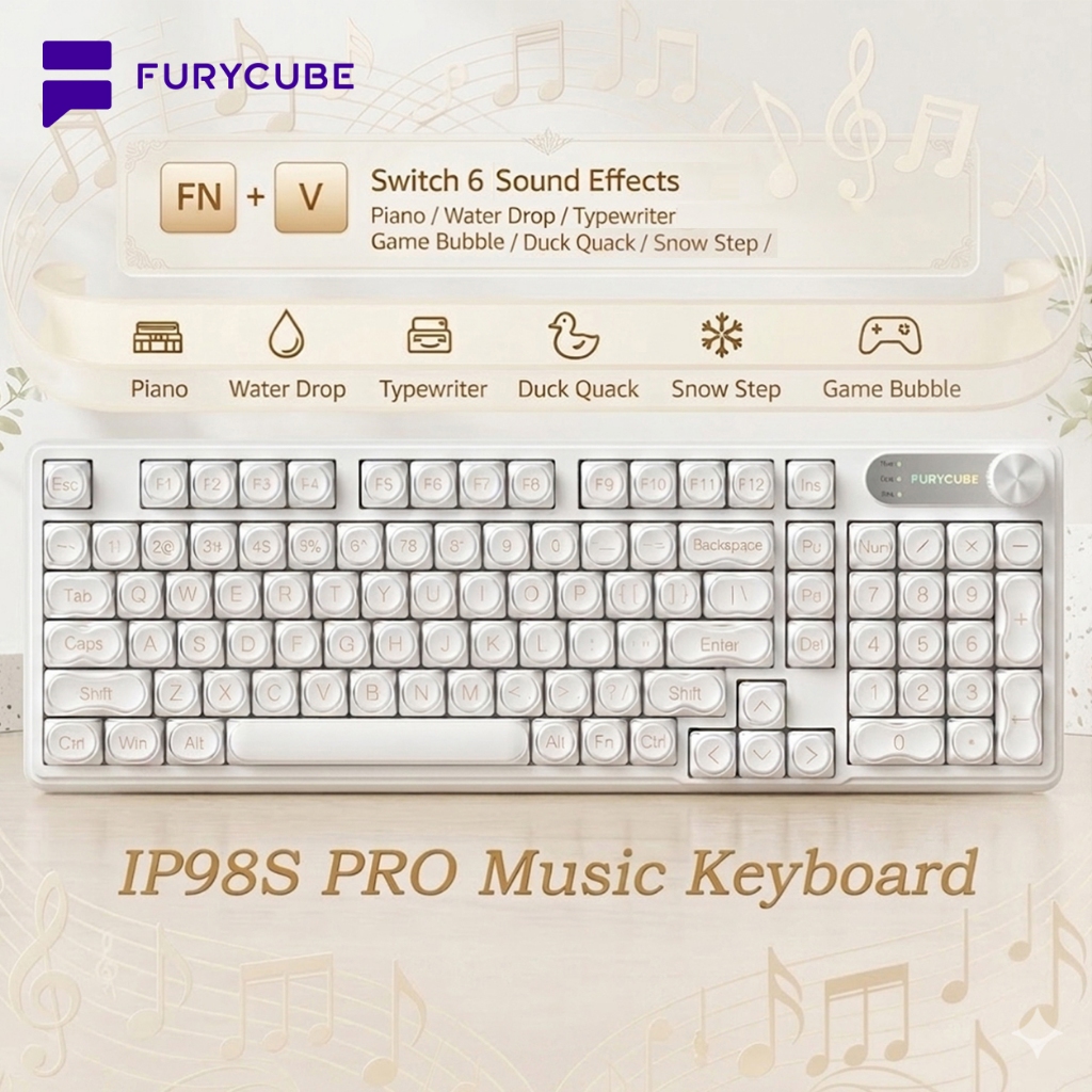 Furycube IP98S PRO คีย์บอร์ดเมมเบรนเพลงรองพื้นสีขาว RGB Knob Control คีย์บอร์ดสํานักงานสําหรับเล่นเก