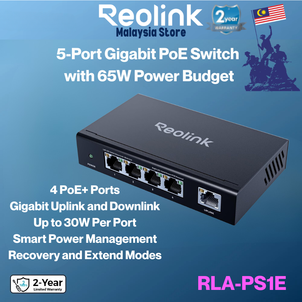 REOLINK PoE Gigabit Switch พร้อมเสถียรภาพ 4+1-Port และ RLA-PS1E ความเร็วสูง