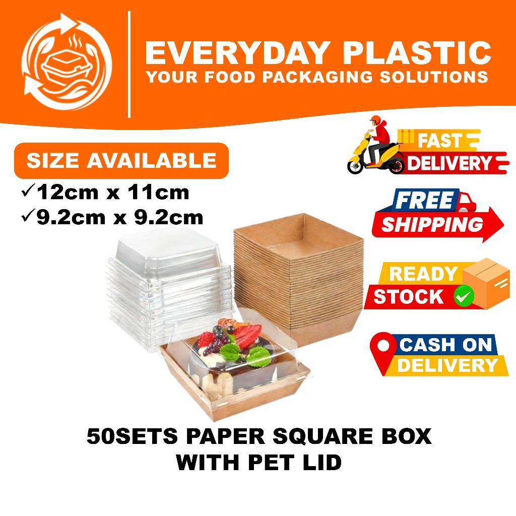 50PCS PREMIUM DISPOSABLE WHITE/BROWN PAPER SQUARE BOX WITH PET LID SANDWICH BOX BEKAS SANDWICH