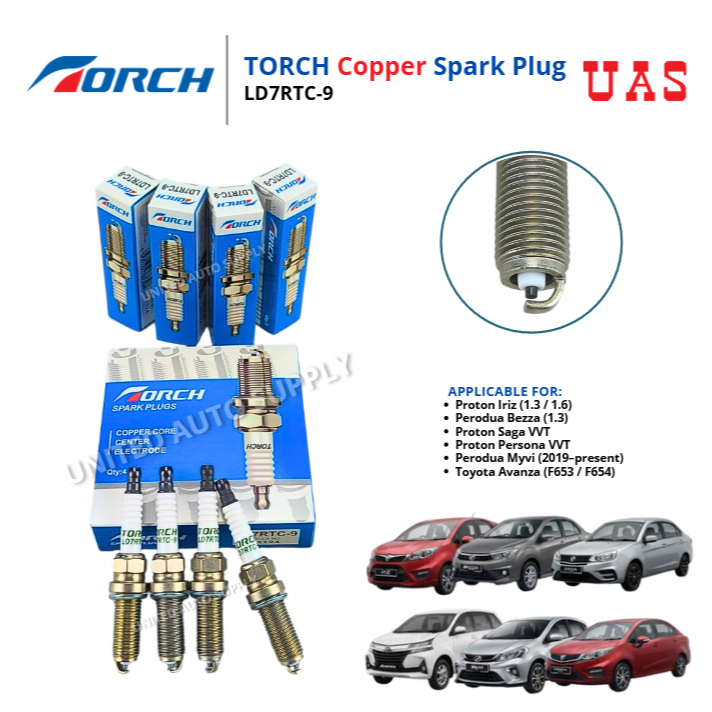 TORCH หัวเทียนทองแดง LD7RTC-9 4 ชิ้น 1 ชุดสําหรับ Perodua IRIZ 1.3 1.6 BEZZA 1.3 SAGA PERSONA VVT MY