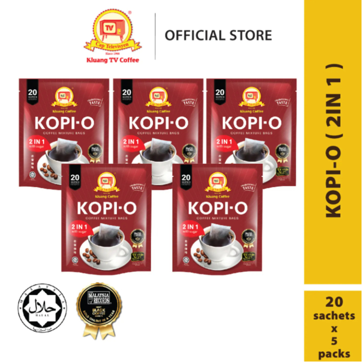 Klaid Black Coffee Cap Televisyen Kopi-O 2 in 1 (20 ซองแยก x 5 ซอง) Kopi O Klai Cap TV