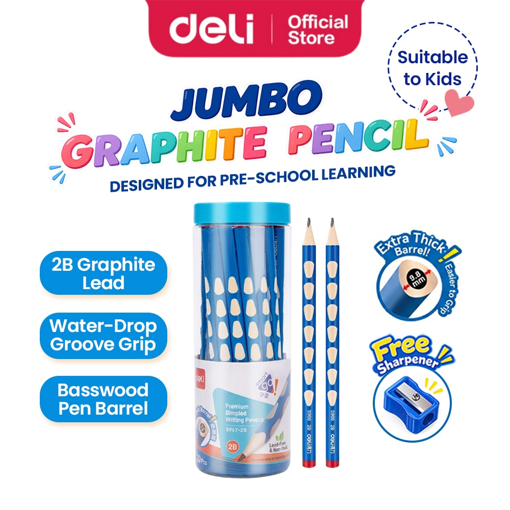 Deli Jumbo Graphite Pencil Extra Thicken Extra Grip Triangle Barrel 2B/HB (30 ชิ้น/กล่อง)