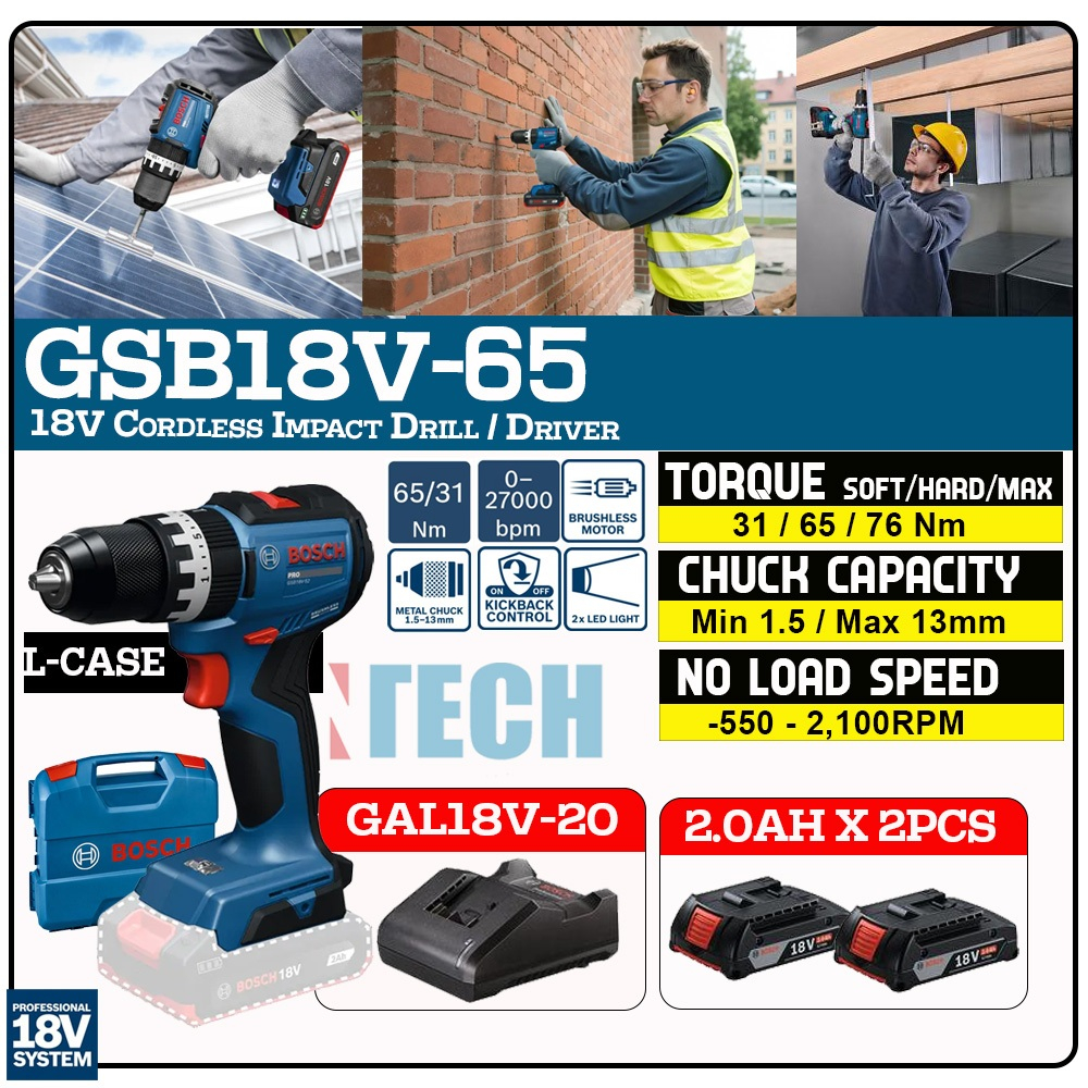 BOSCH GSB18V-65 18V CORDLESS IMPACT DRILL / DRIVER BRUSHLESS MOTOR (MAX 65 NM)