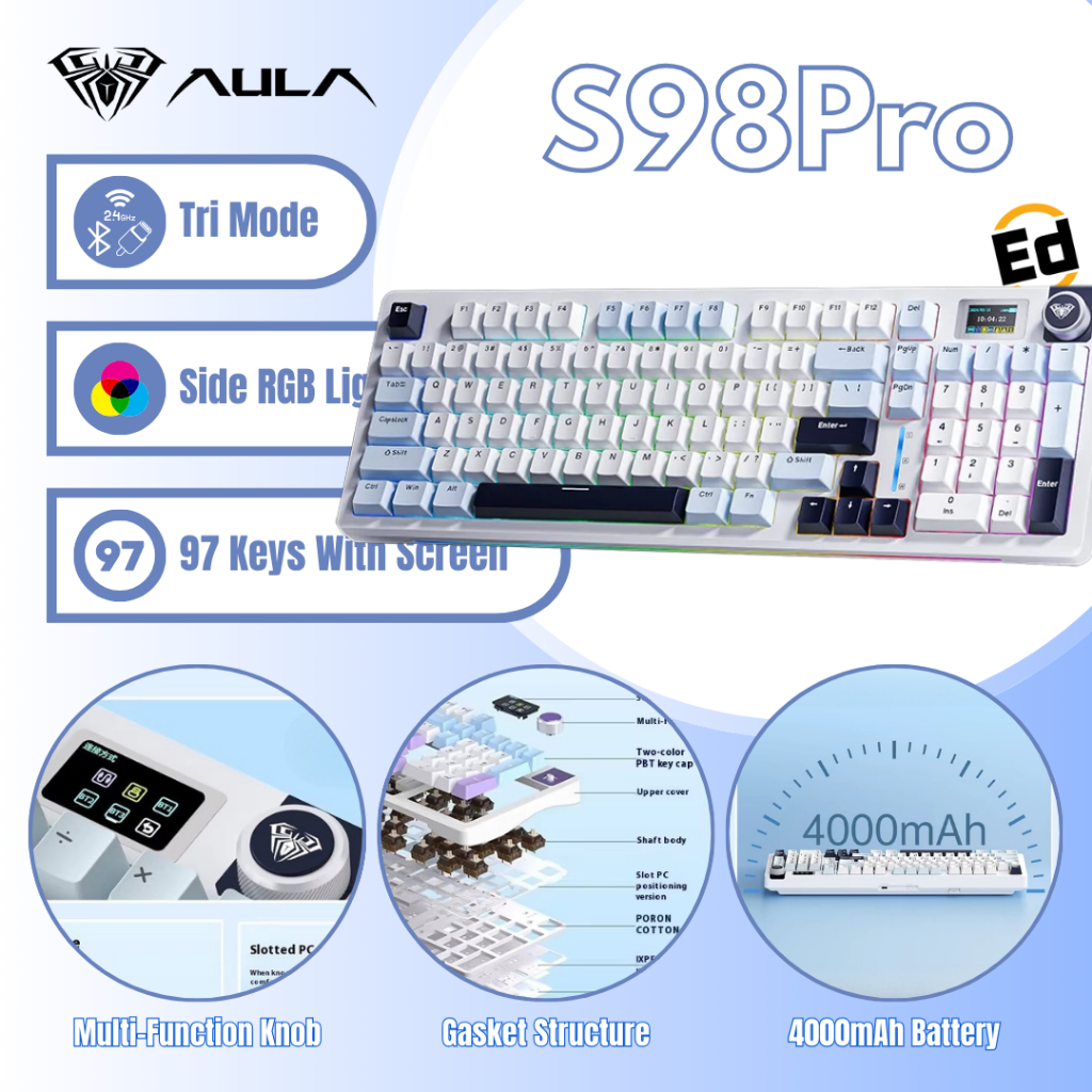 Aula S98Pro คีย์บอร์ดไร้สายจอแสดงผลอัจฉริยะ Gaming Hot-Swap การปรับแต่ง