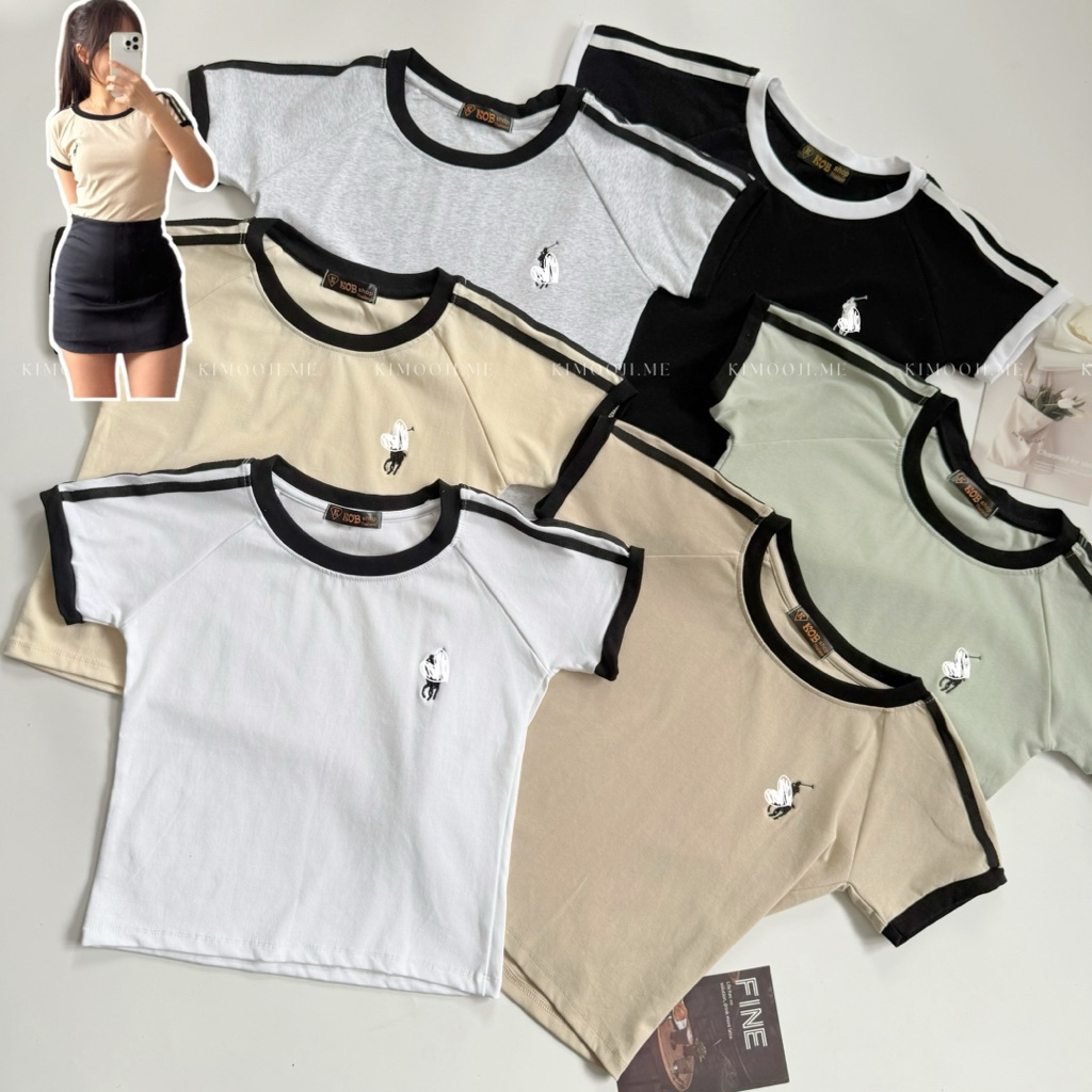 T817 Little Horseเย็บปักถักร้อยSportyผู้หญิงTshirt Contrast Tee KOBสูงCrushionแขนสั้นTopSportsผู้หญิ
