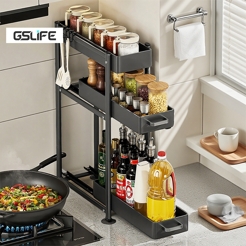 GSLIFE Pull Out ชั้นวางเครื่องเทศ ออแกไนเซอร์ ชั้นวางเครื่องปรุงรสในครัว ออแกไนเซอร์ ชั้นวางเครื่องเ