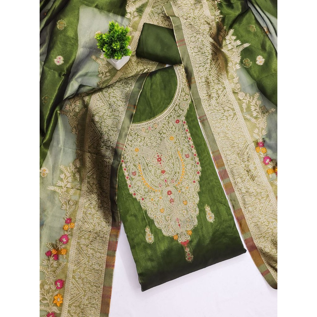 Unstitched Punjabi Suit Material Chanderi Silk With Jacquard Work Kain Jahit Punjabi Suit