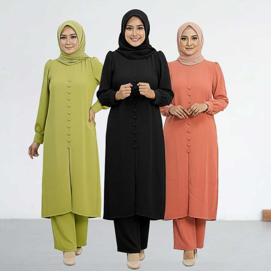 ใหม่ Suite Set Baju Wanita Muslimah แฟชั่นอินเทรนด์แขน Cey Ironless Chantik Baju